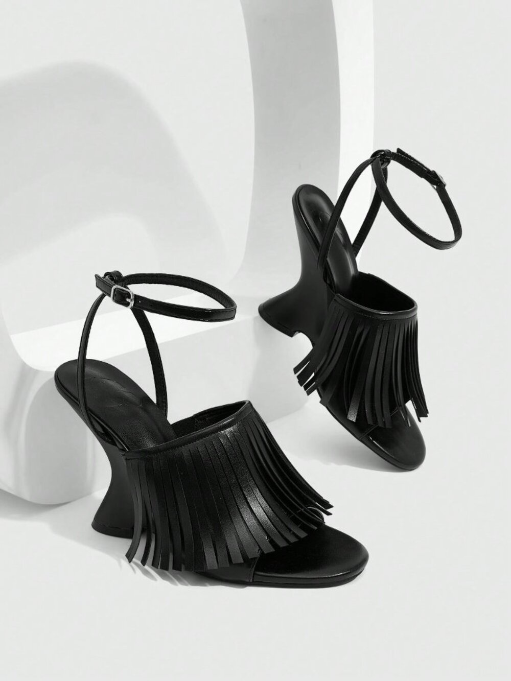 Black Glamorous Women's Open Toe Ankle Strap Classic High Heel Wedge Sandals